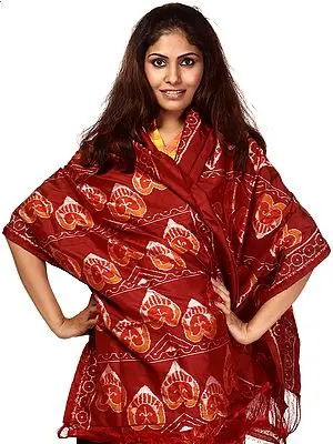 Oxblood-Red Stole from Orissa with All-Over Ikat Weave