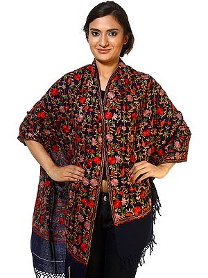 Navy Blue Stole with Aari Embroidered Flowers All-Over