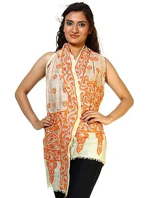 Beige Kantha Scarf With Kantha Embroidery by Hand