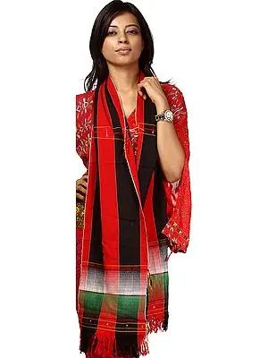Black and Red Handwoven Folk Scarf from Nagaland