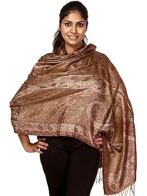 Brown and Red Jamawar Stole with All-Over Weave