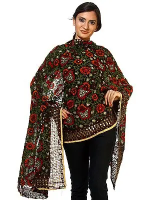 Black Phulkari Dupatta from Punjab with Aari-embroidery All-Over
