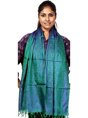 Spectra-Green and Blue Scarf from Banaras with Tanchoi Weave All-Over