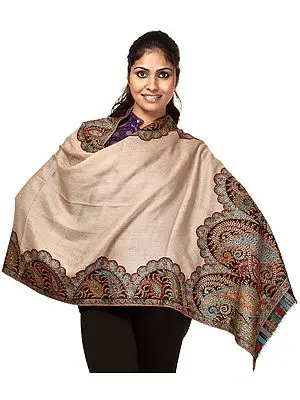 Beige Kani Stole with Woven Paisleys on Edges