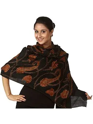 Black Tusha Stolewith Large Hand Needle-Embroidered Paisleys