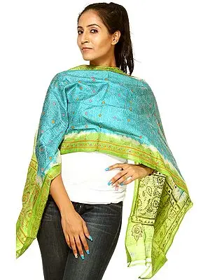 Cyan Blue and Green Scarf With Kantha Embroidery by Hand
