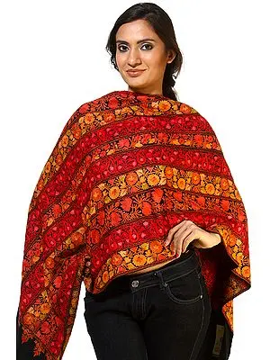 Midnight-Black Phulkari Stole with Densely Aari Embroidered Flowers All-Over