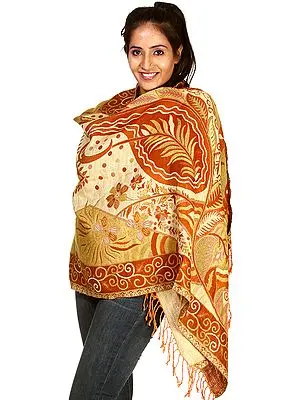 Beige and Orange Reversible Jamawar Stole with Woven Flowers