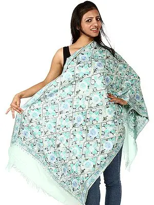 Fair-Aqua Kashmiri Stole with Aari Embroidered Flowers All-Over