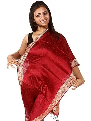 Garnet-Red Banarasi Scarf with Tanchoi Weave by Hand