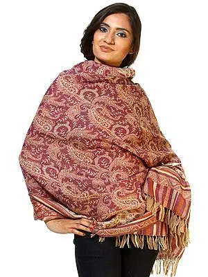 Beige and Mauve Jamawar Shawl with All-Over Woven Paisleys