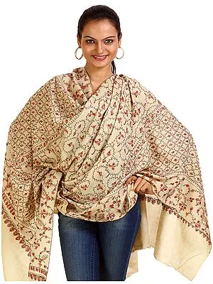 Beige Kashmiri Tusha Shawl with Jafreen Jaal Embroidery by Hand