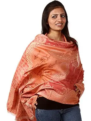 Coral Jamawar Shawl with All-Over Woven Paisleys and Needle Embroidery by Hand