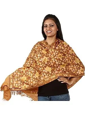 Brown-Sugar Kashmiri Stole with Dense Aari Embroidery All-Over