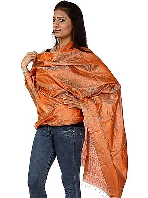 Orange and Green Banarasi Shawl with Tanchoi Weave by Hand