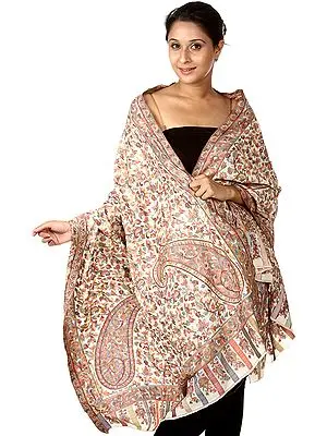 Ivory Kani Stole with Woven Paisleys in Multi-Color Thread