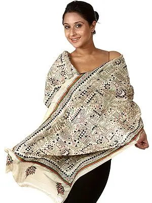 Beige Kantha Scarf With Hand Embroidered Warli Motifs