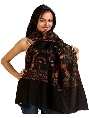 Anthracite-Black Shawl From Kashmir with Sozni Emboidery by Hand