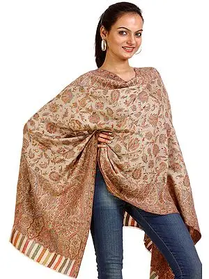 Khaki Kani Stole with Woven Paisleys in Multi-Color Thread