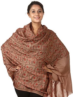 Taupe Kashmiri Tusha Shawl with Needle Embroidered Jaal