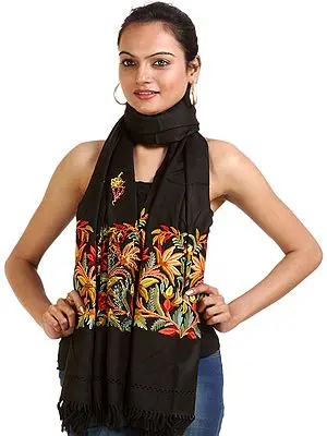 Black Stole from Kashmir with Aari Embroidered Flowers by Hand