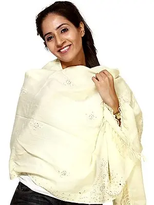 Cream Stole from Amritsar with Beads and Embroidered Sequins