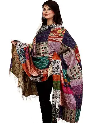 Multi-Color Patch Shawl from Kolkata with Kantha Stitched Embroidery