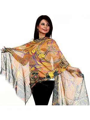 Tri-Color Stole with Printed Paisleys and Flowers