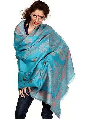 Blue-Atoll Shawl with Woven Paisleys and Needle Embroidery by Hand