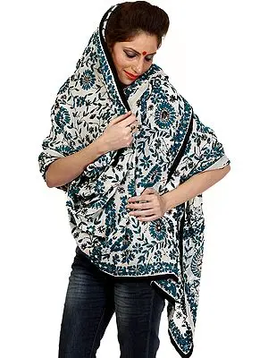 Ivory Phulkari Dupatta from Punjab with Aari-Embroidery by Hand