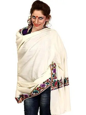 Plain Ivory Shawl from Kashmir with Hand Embroidered Flowers on Border