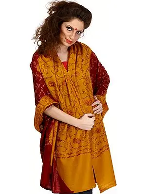 Red and Mustard Kashmiri Shawl with Needle Stitched Embroidery by Hand