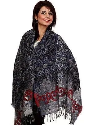 Midnight Blue Jamawar Stole with Woven Flowers and Thread Embroidery on Border