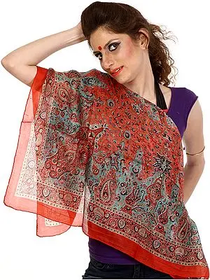 Dubarry Red Scarf with Printed Paisleys and Flowers