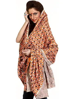 Ivory and Orange Phulkari Dupatta from Punjab with All-Over Hand-Embroidery