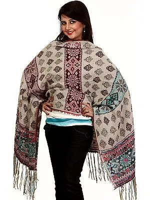Ivory and Brown Reversible Jamawar Stole with woven Flowers and Aari Embroidery