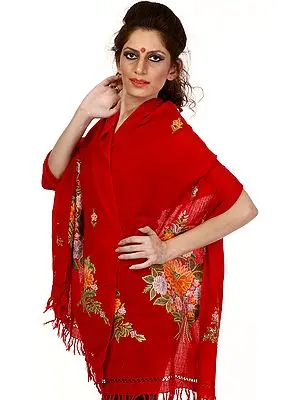 Tango-Red Kashmiri Stole with Hand Embroidered Flowers