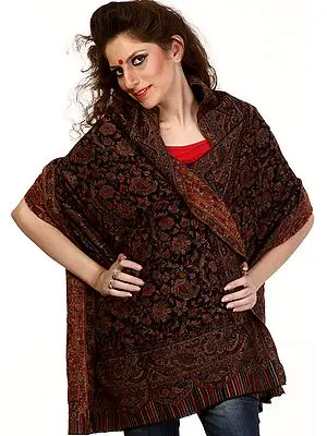 Black Kani Stole with Woven Paisleys and Flowers in Multi-Color Thread