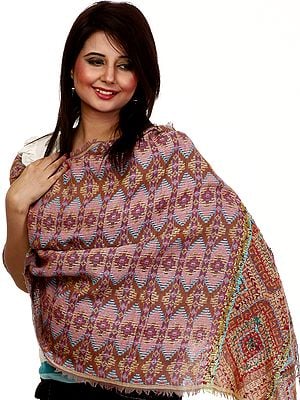 Bordeaux Jamawar Stole with All-Over Weave and Crewel Embroidery on Border