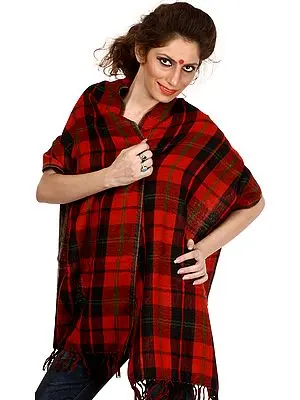 Red and Black Plaid Reversible Scarf with Jamawar Weave on Reverse