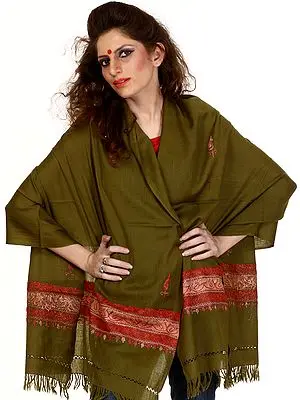 Avocado-Green Stole with Hand Embroidered Paisleys on Border