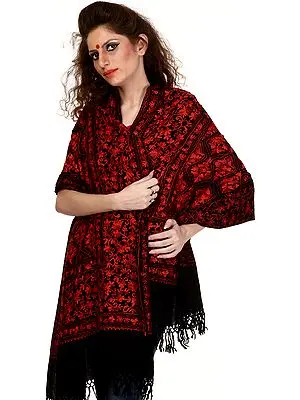 Anthracite-Black Kashmiri Stole with Aari Embroidered Flowers in Red