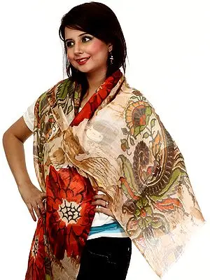 Beige Stole with Large Printed Flowers