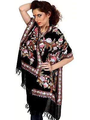 Black Kashmiri Stole with Aari Embroidered Flowers