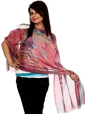 Fuchsia Pink Jamawar Stole with Modern Print