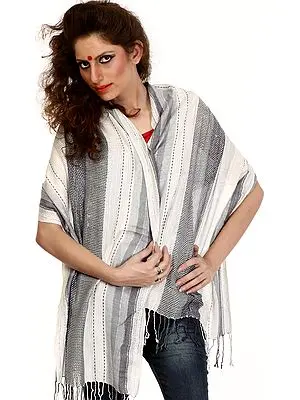 Ivory and Gray Scarf with Silver Thread Weave