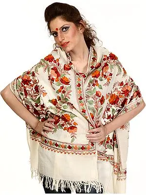 Ivory Kashmiri Stole with Aari Embroidered Flowers
