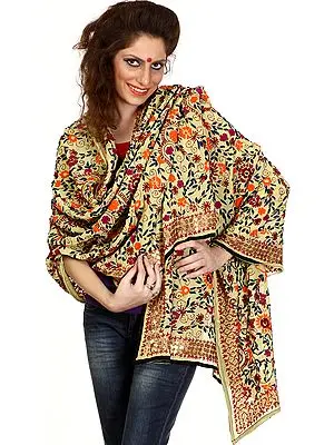 Powder-Yellow Phulkari Dupatta from Punjab with Aari-Embroidery by Hand