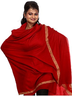 Plain Red Pure Pashmina Shawl from Kashmir with Hand-Embroidered Meenakari Border