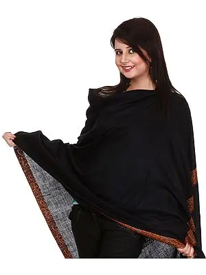 Plain Black Pure Pashmina Shawl from Kashmir with Hand-Embroidered Meenakari Border